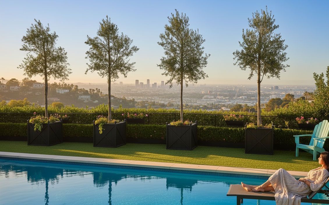 Backyard pool with reflective water, four potted trees, and turquoise chairs overlooking a distant city skyline