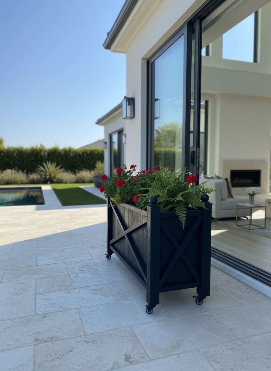 Modern home patio with sliding glass doors and a black planter box of red flowers.