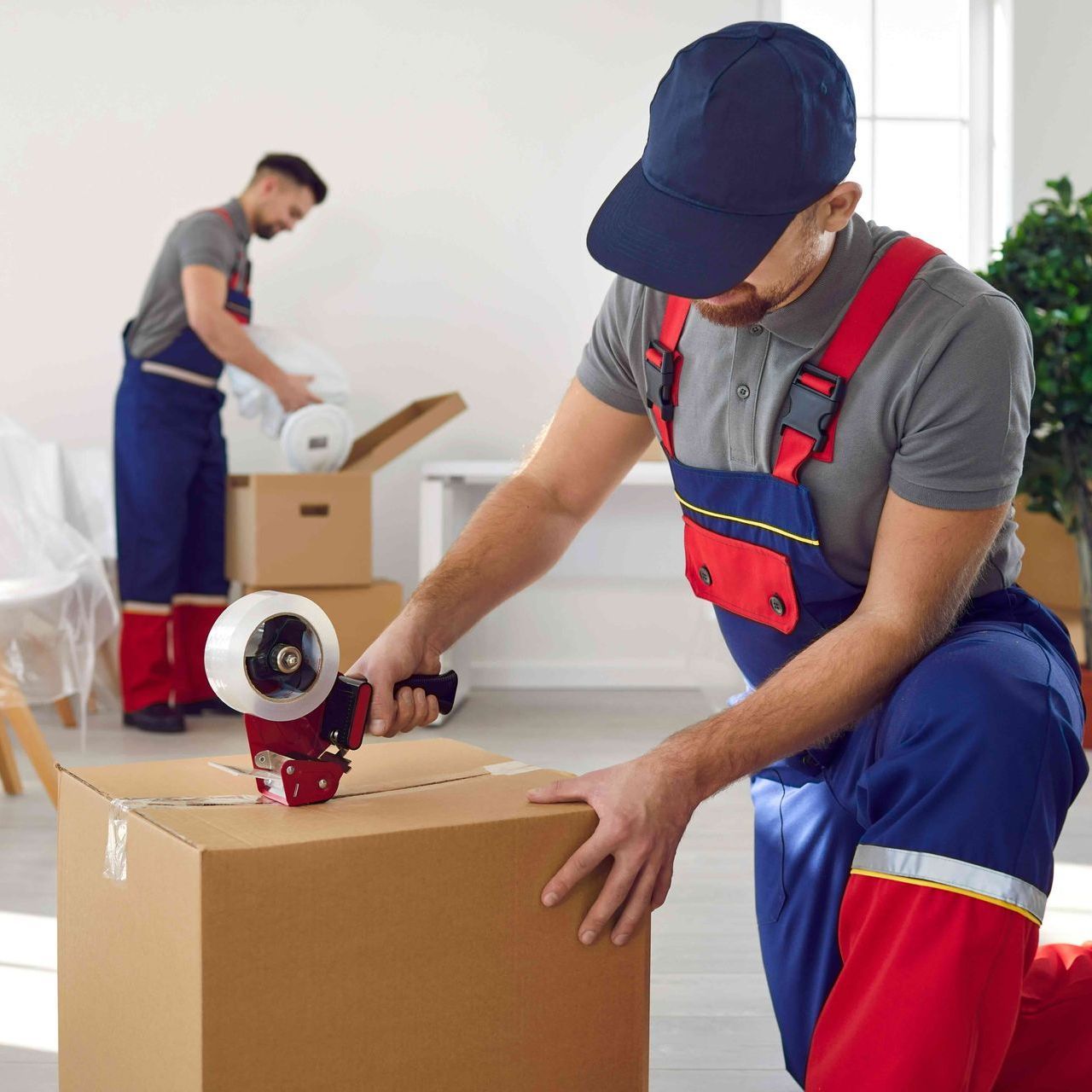 a man is using a tape dispenser to seal a cardboard box