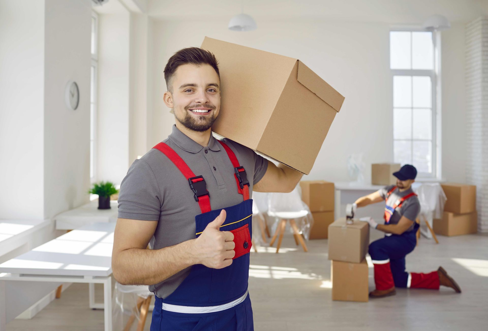 A man is holding a cardboard box on his shoulder and giving a thumbs up.
