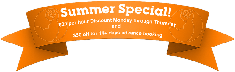 Orange ribbon banner reading “Summer Special!” with a sale offer on a white background