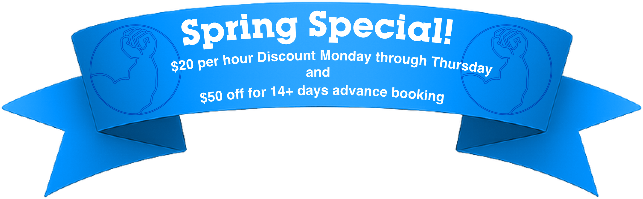 Winter Special Pricing Promotion - $20 per hour discount Monday through Thursday and $50 off for 14+ days advance booking