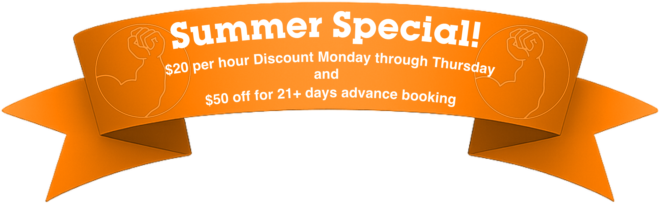 Orange ribbon banner reading “Summer Special!” with a sale offer on a white background