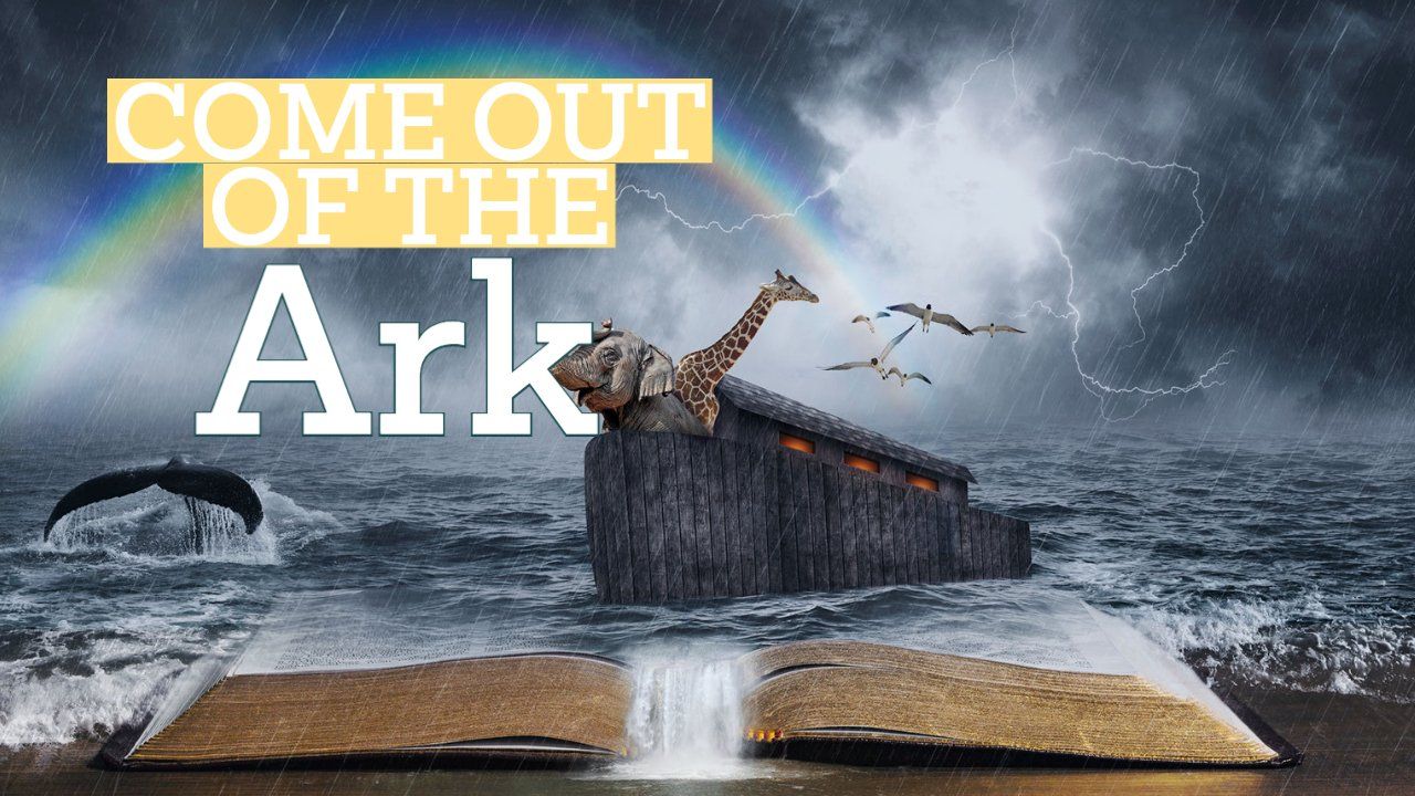 An open bible with a picture of an ark in the middle of the ocean.