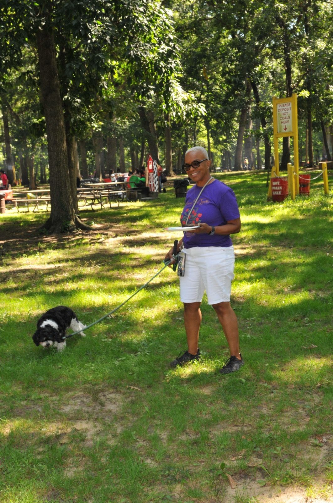 Person walking a small black-and-white dog in a sunny park with trees and grass