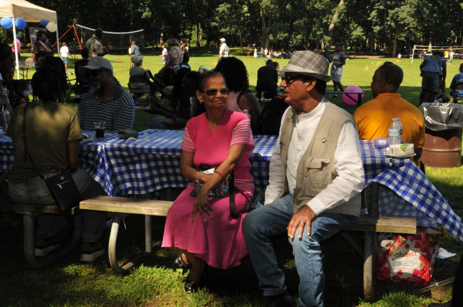 Two people sit at a picnic table in a sunny park, with others gathered around nearby tables.