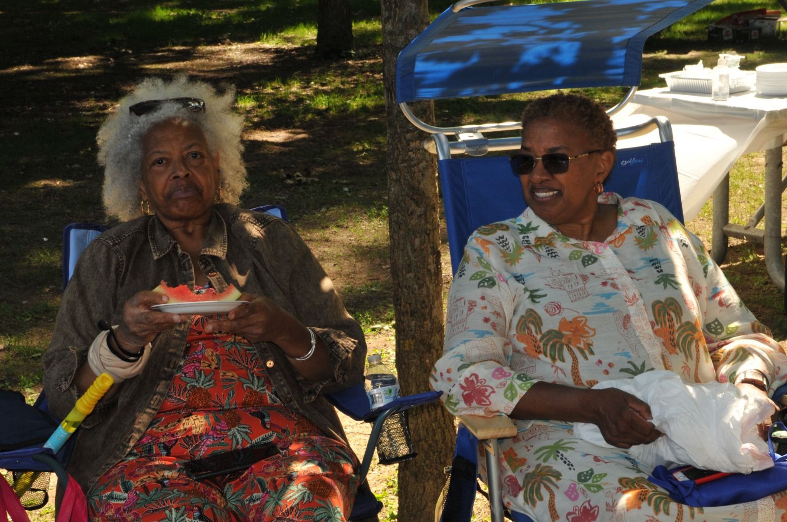 Two people sitting outdoors in lawn chairs, one holding a plate and the other smiling with a small dog on lap.