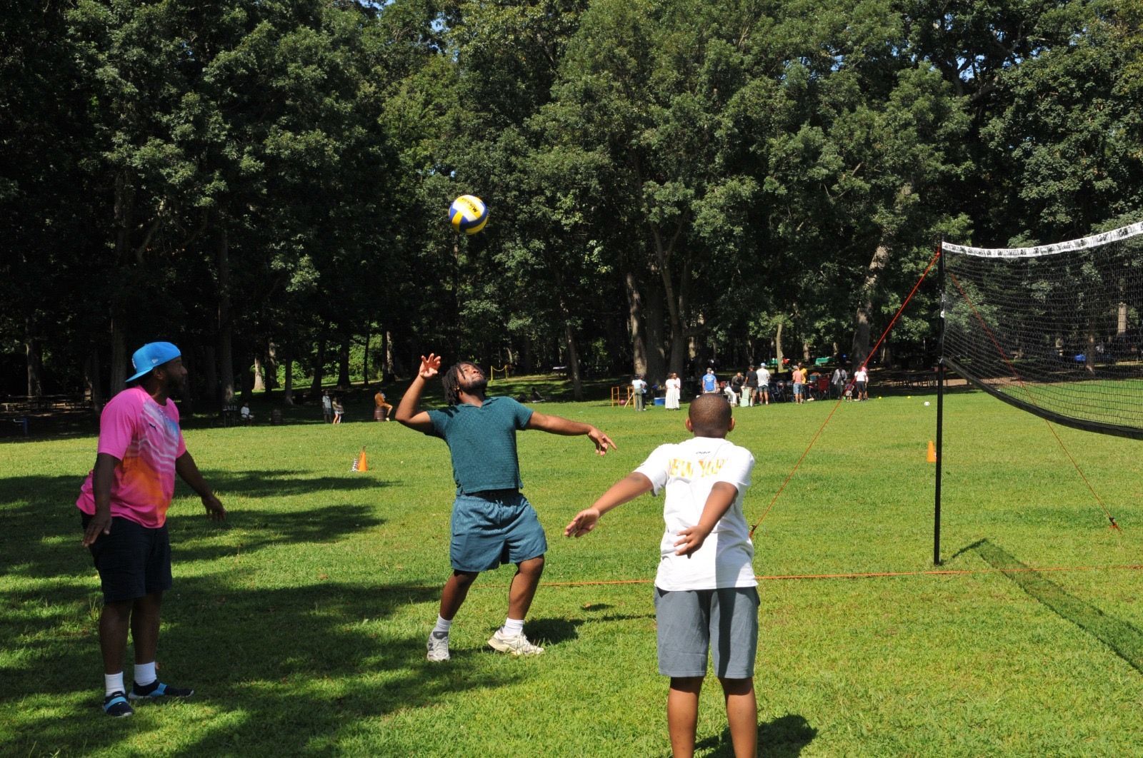 People playing volleyball on a grassy field near a net in a park.