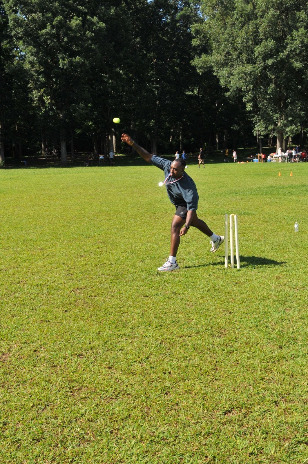 Cricket player in blue and black uniform bowling on a grassy field near stumps.