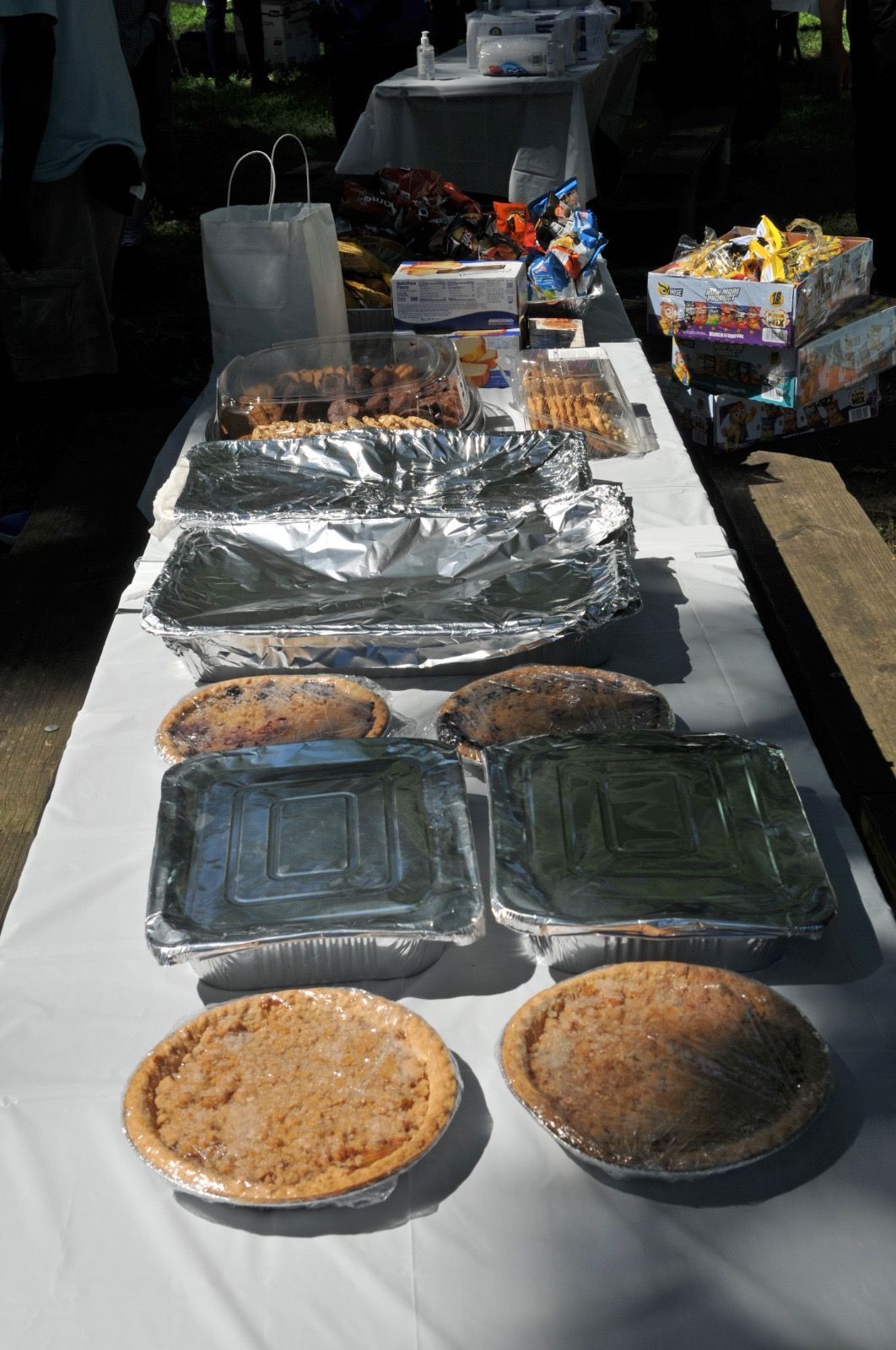 Outdoor table with assorted baked dishes in foil trays, plastic containers, and round pies