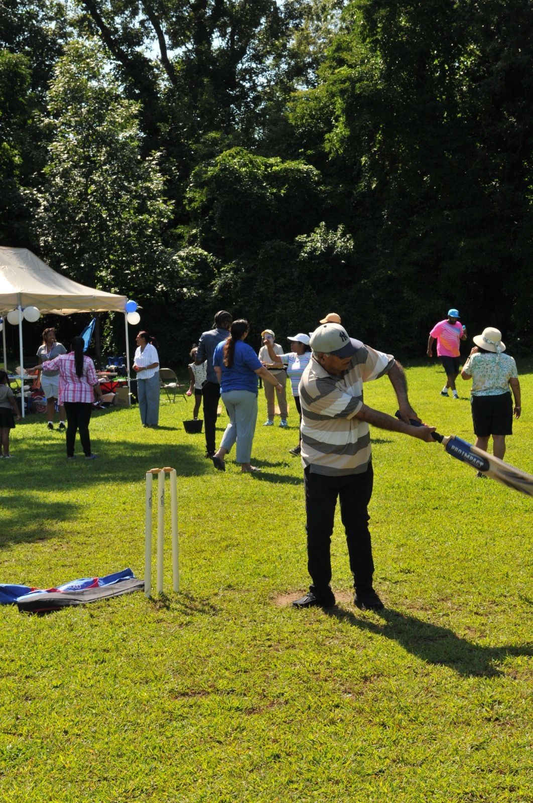 People playing cricket on a sunny grassy field near a white tent and trees
