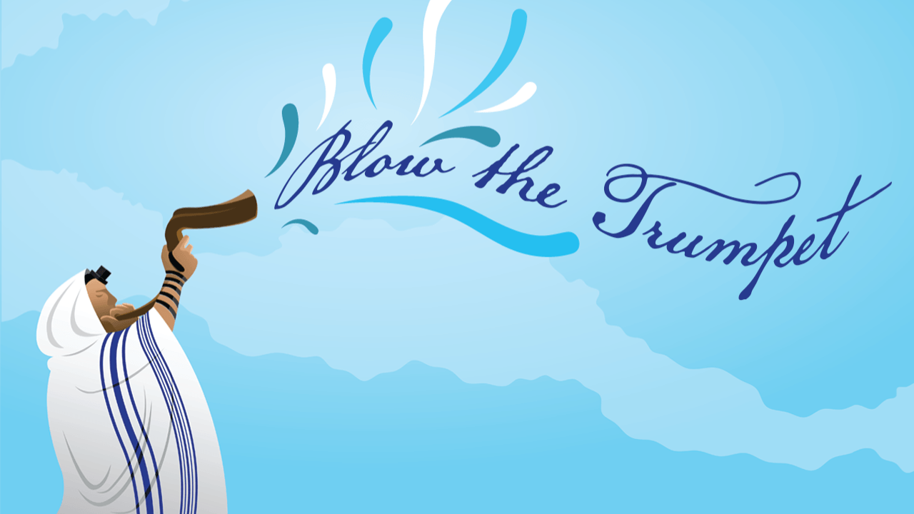 A person blowing a trumpet with the words blow the trumpet below them