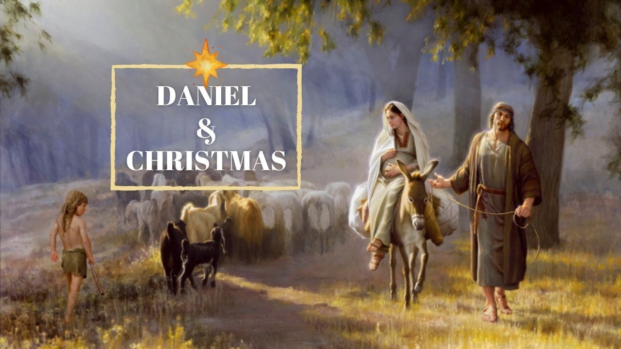 A painting of jesus and mary riding on the back of a donkey.