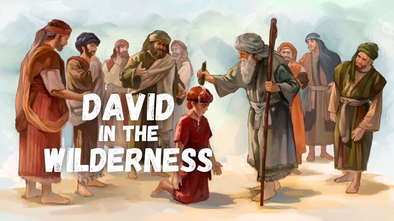 A painting of david in the wilderness with a group of people standing around him.