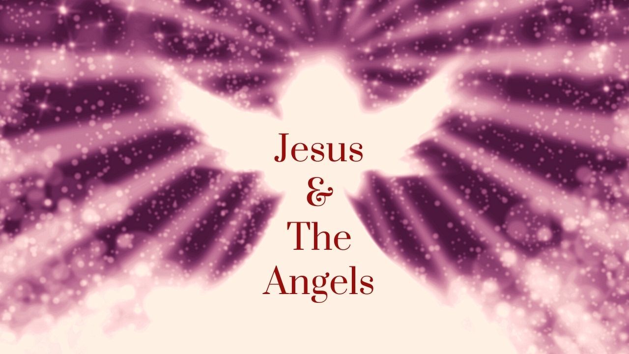 Jesus and the angels are written on a purple background