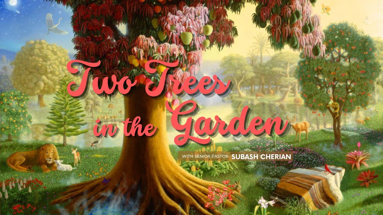 A tree in a garden with the words `` two trees in the garden '' written on it.