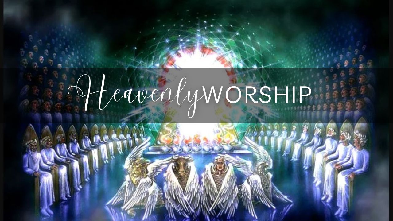 A group of angels are standing around a table in a heavenly worship scene.