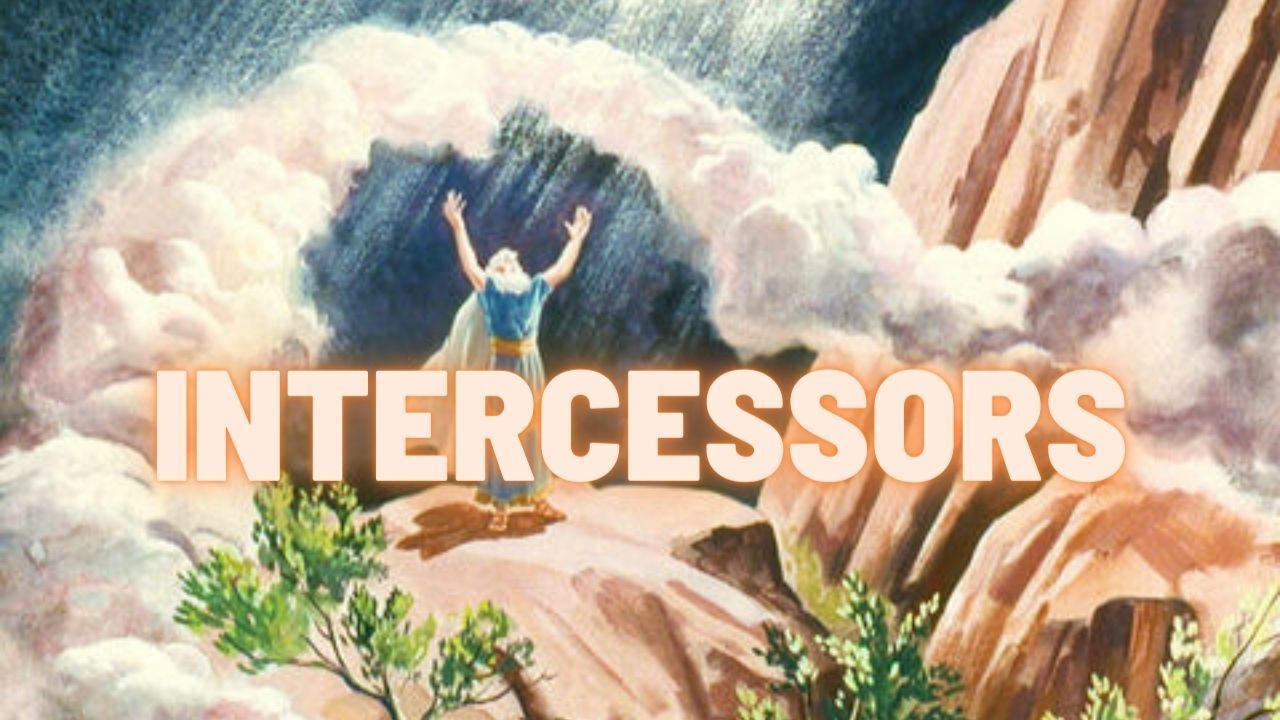 A painting of a woman standing on top of a mountain with the words intercessors written above her
