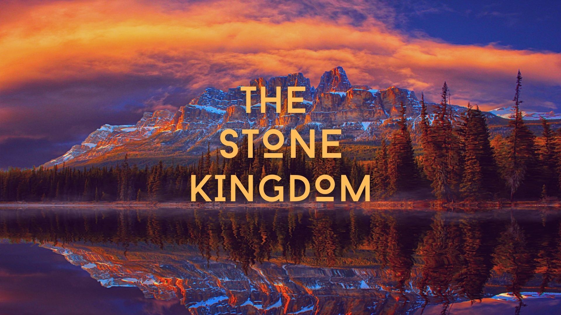 A picture of a lake with a mountain in the background and the words `` the stone kingdom ''.