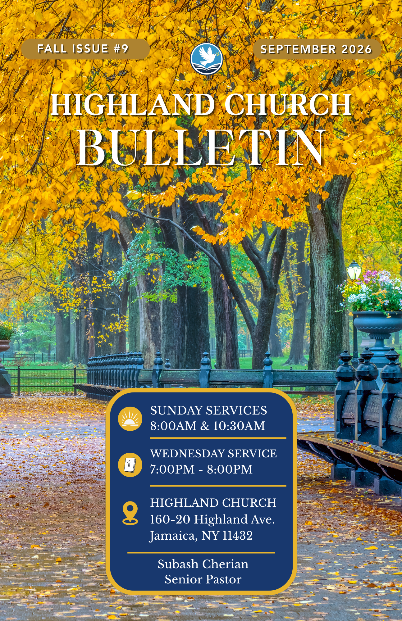 Highland Church bulletin with autumn park scene and blue worship schedule panel
