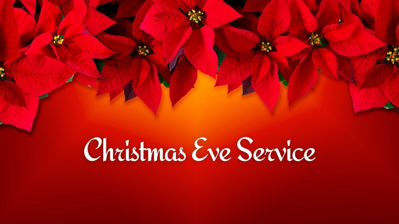 A christmas eve service poster with red flowers on a red background
