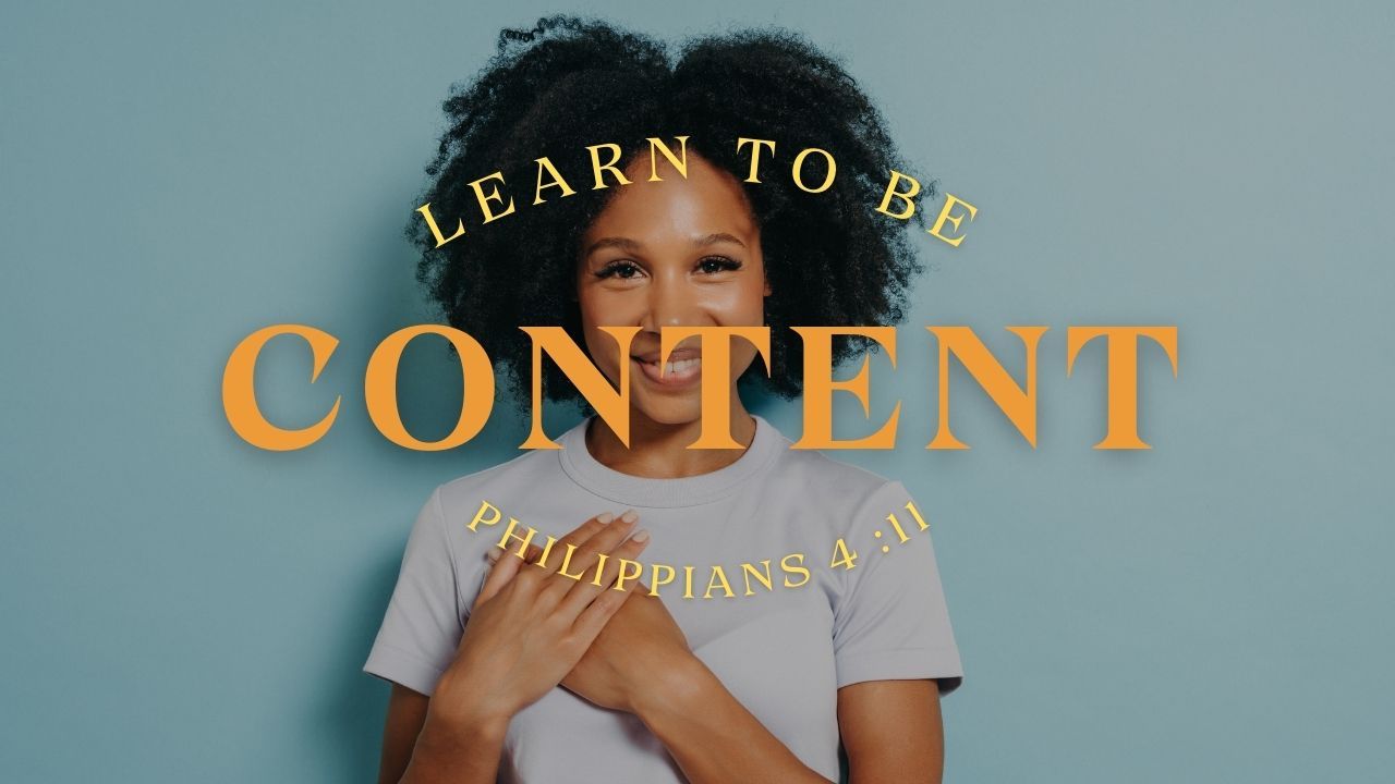 A woman is standing in front of a sign that says learn to be content
