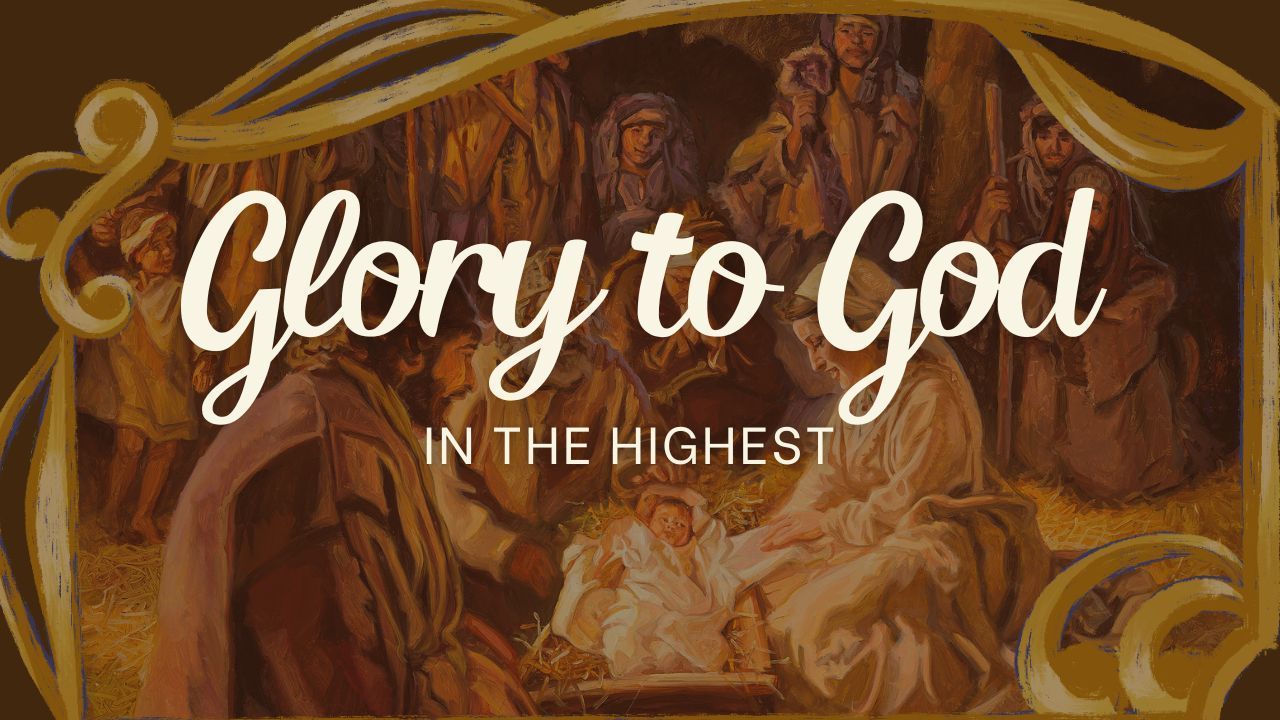 A painting of a nativity scene with the words `` glory to god in the highest ''.