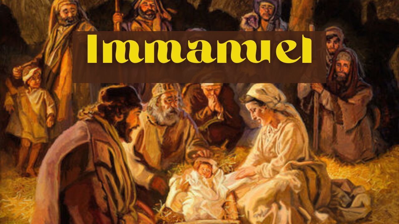 A painting of a nativity scene with a sign that says immanuel