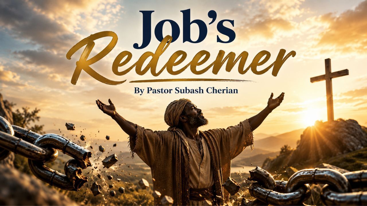 Man on rocky hill with raised arms at sunset, crosses in background and title “Job’s Redeemer” overlaid