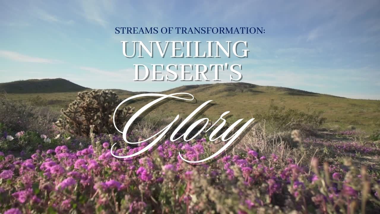 A field of purple flowers with the words `` unveiling desert 's glory '' written on it.