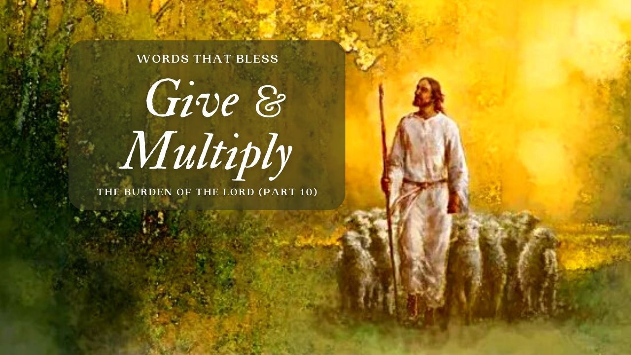 Jesus is walking with a herd of sheep in a field.