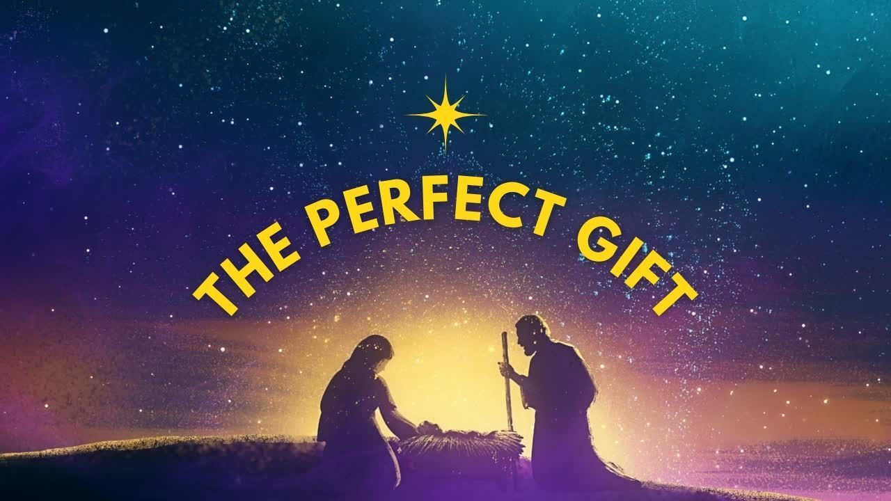 A nativity scene with a star in the sky and the words `` the perfect gift ''.