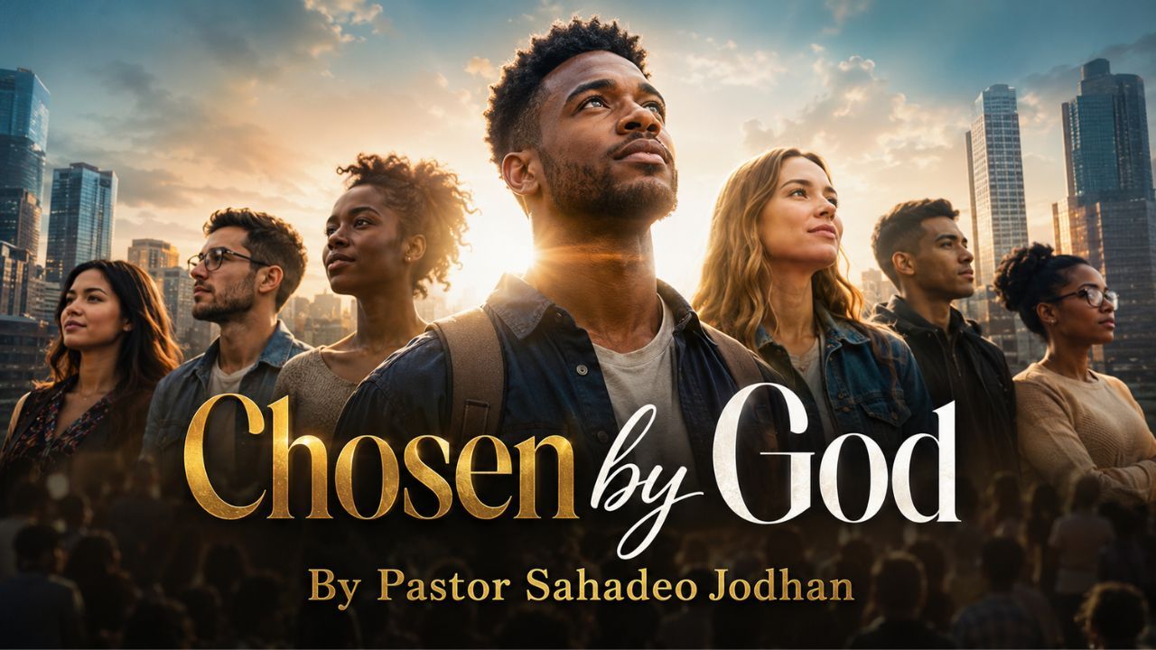 Promotional poster reading “Chosen by God” with five people against a sunset sky; by Pastor Sahadoe Jodhan
