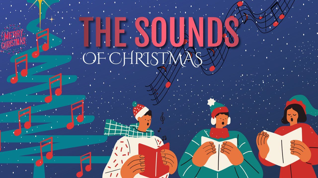 A group of people are singing christmas carols in front of a christmas tree.