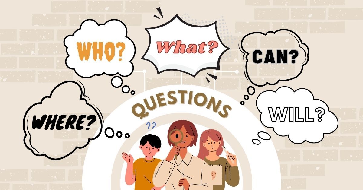 A group of people are standing in front of a brick wall with speech bubbles asking questions.