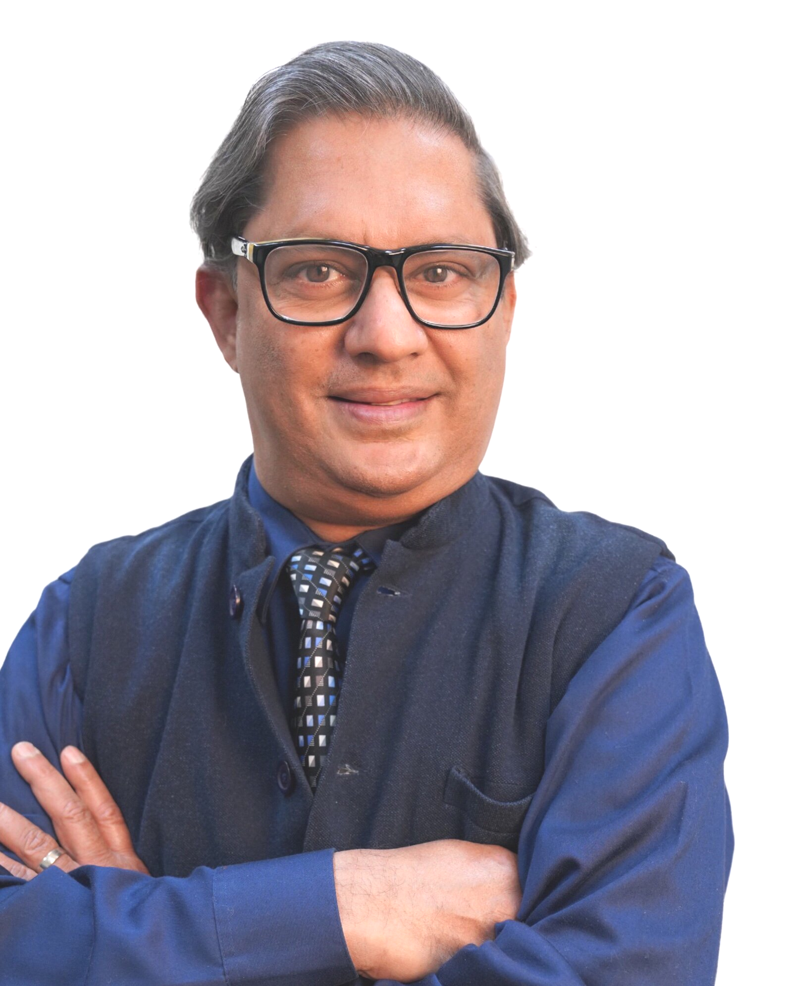 A man wearing glasses and a blue shirt with his arms crossed
