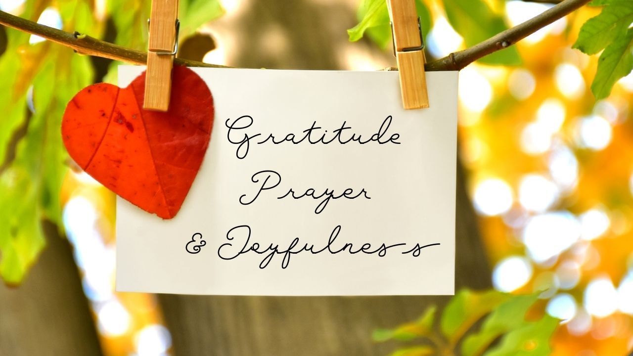 A sign that says gratitude prayer and jazzfulness hangs from a tree branch
