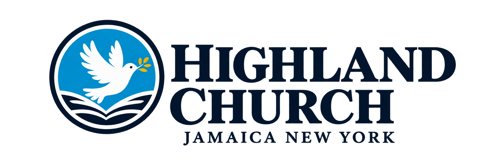 Highland Church logo with white dove in blue circle and black text, Jamaica, New York
