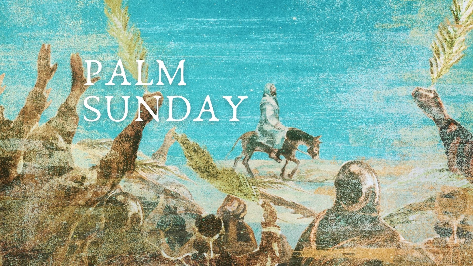 A painting of a man riding a donkey on palm sunday.