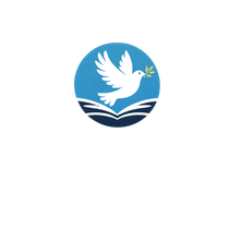 White dove carrying an olive branch above an open book in a blue circular logo
