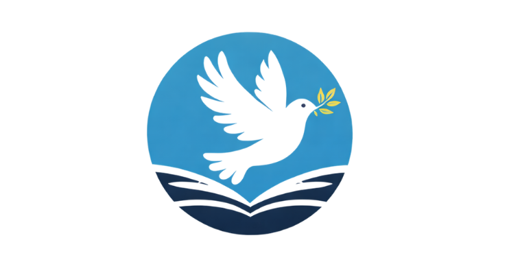 White dove carrying an olive branch above an open book in a blue circular logo