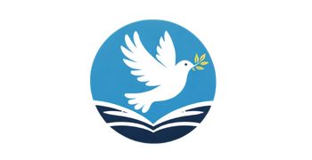 White dove carrying an olive branch above an open book in a blue circular logo