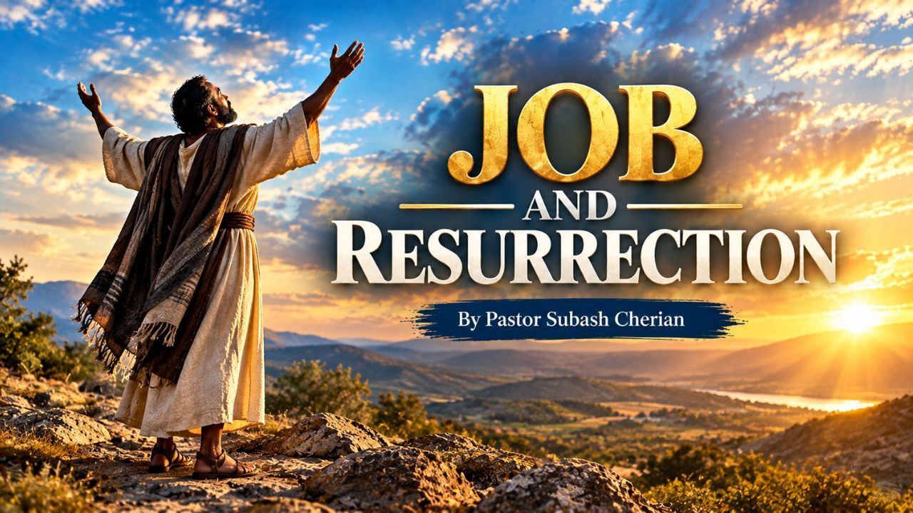 Person with raised arms at sunrise in a rocky landscape beside text “JOB AND RESURRECTION”
