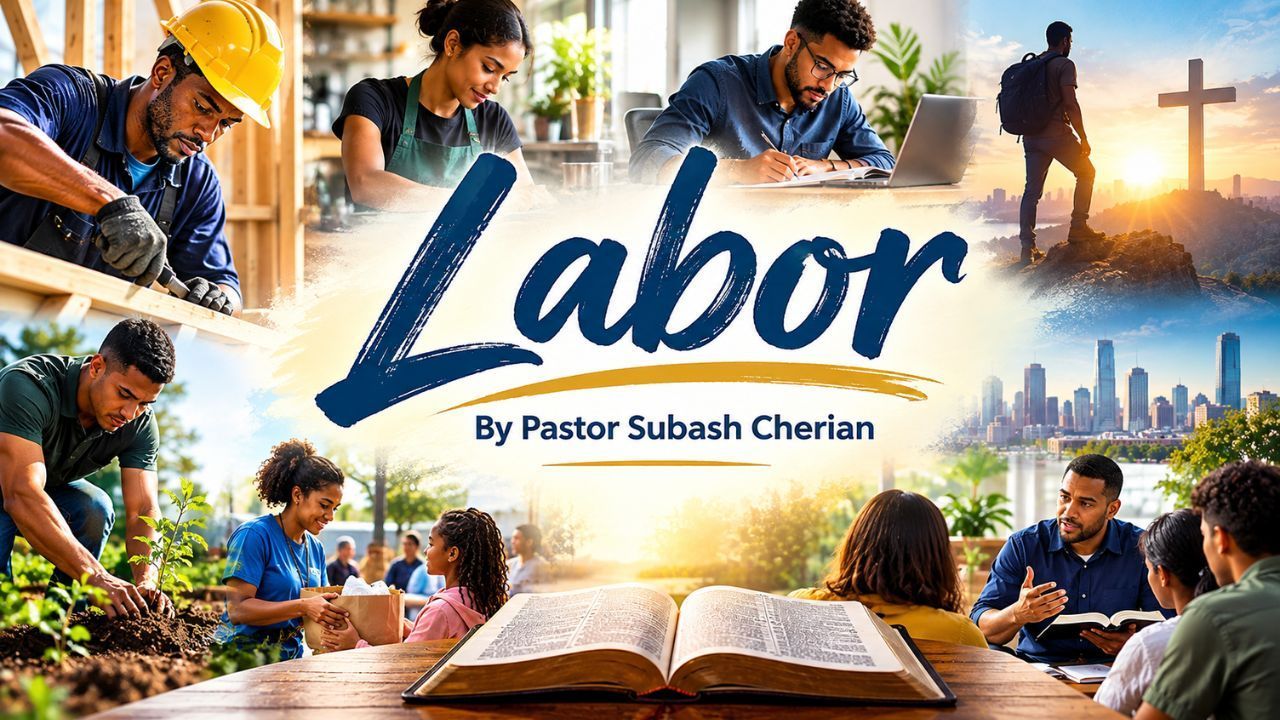 Labor theme collage with workers, city skyline, sunrise, cross, and open Bible; titled “Labor” by Pastor Subash Cherian