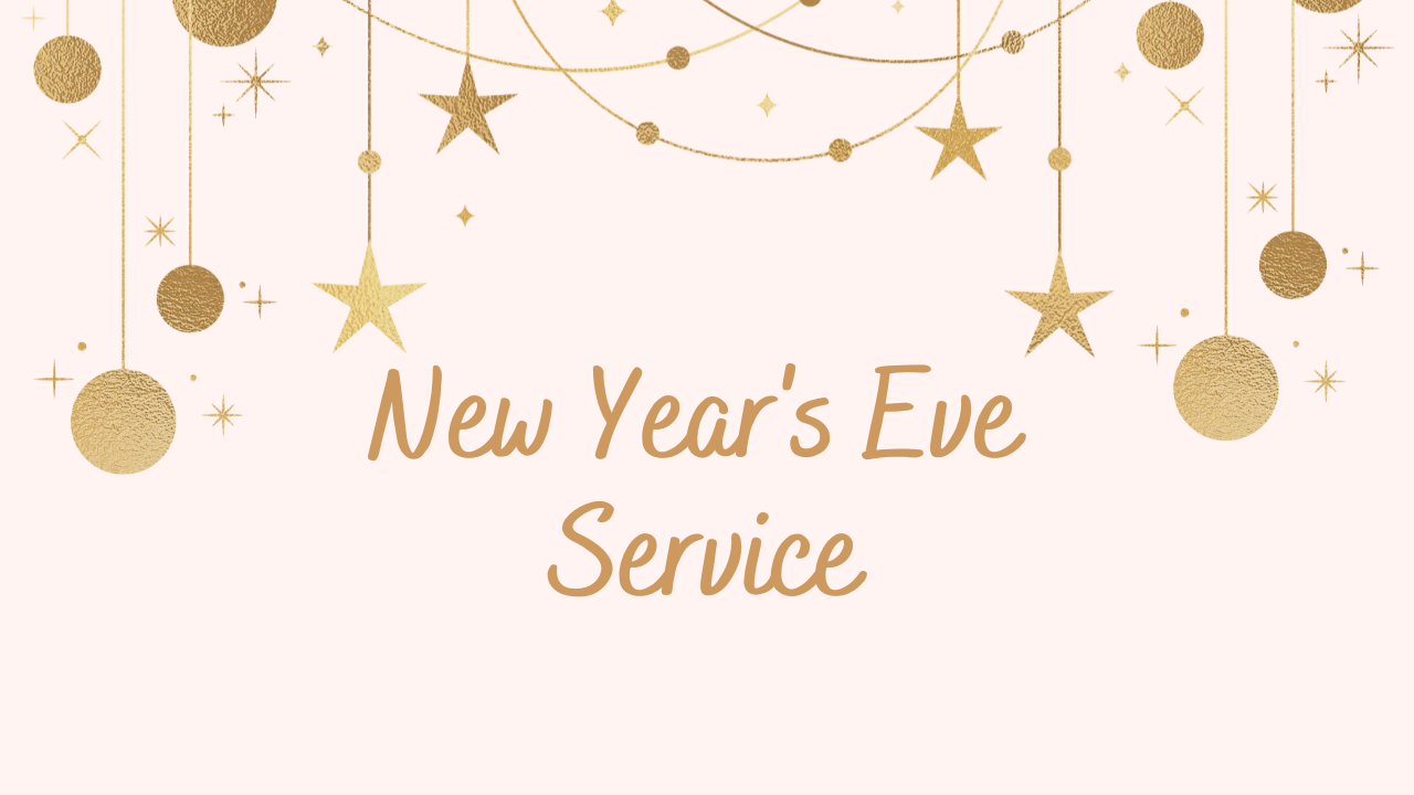 A picture of a new year 's eve service with gold decorations hanging from a string.