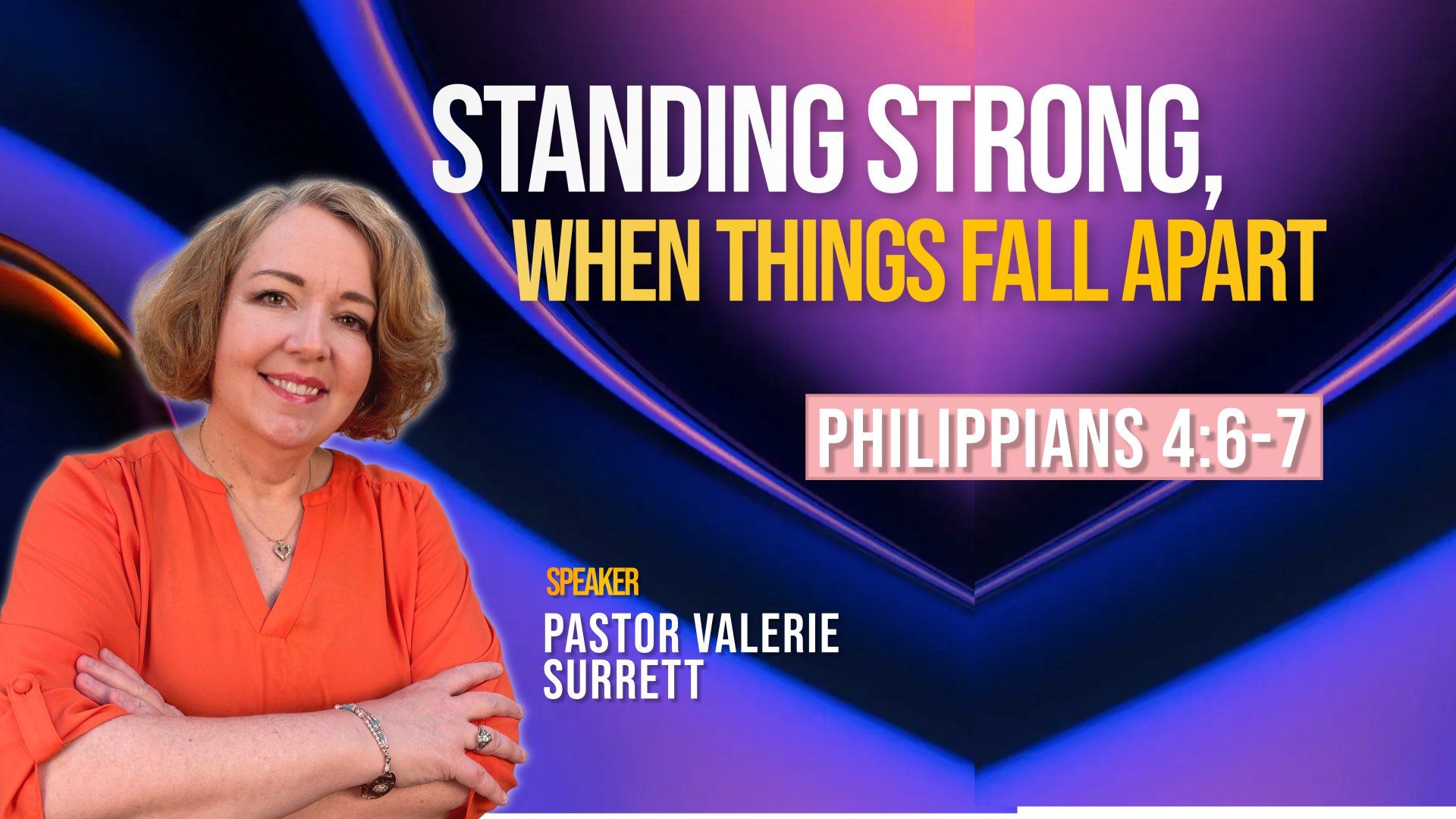 A woman in an orange shirt is standing in front of a purple background.