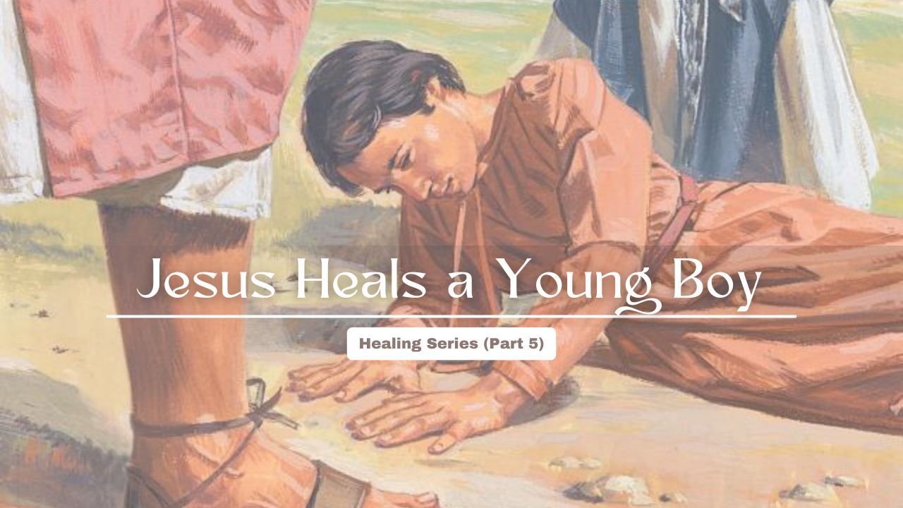 Jesus heals a young boy in a painting.