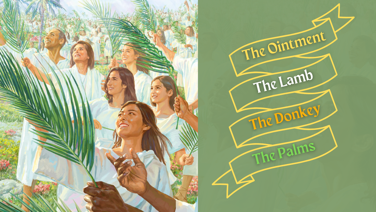 A group of people are holding palm leaves in their hands.