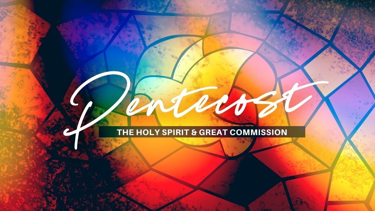 A stained glass window with the word pentecost on it.