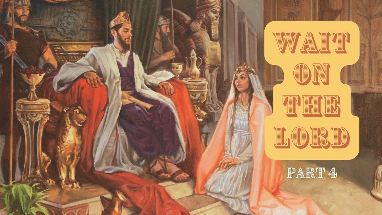 A painting of a man sitting on a throne next to a woman kneeling down.